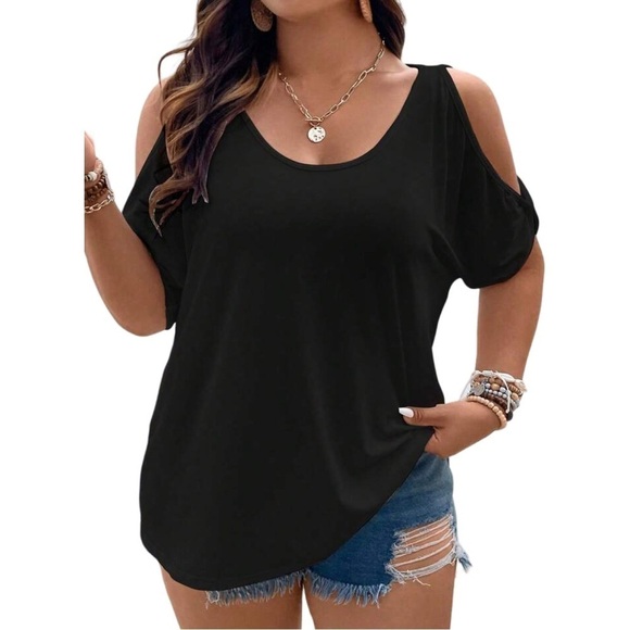 Women’s Plus Size Black Round Neck Cold Open Shoulder Short Sleeve T-Shirt Top - Picture 3 of 11